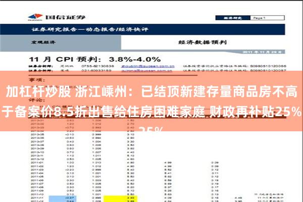 加杠杆炒股 浙江嵊州：已结顶新建存量商品房不高于备案价8.5折出售给住房困难家庭 财政再补贴25%